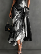 HARPER | Abstract Print Wrap Midi Dress with Tie-Waist Detail