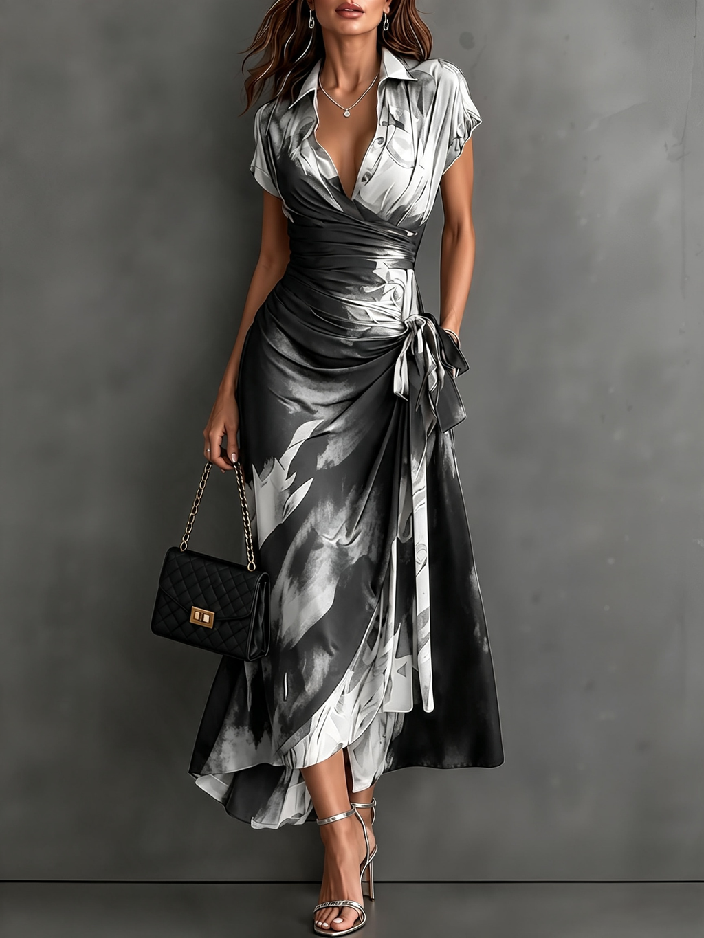 HARPER | Abstract Print Wrap Midi Dress with Tie-Waist Detail