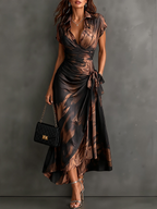 HARPER | Abstract Print Wrap Midi Dress with Tie-Waist Detail