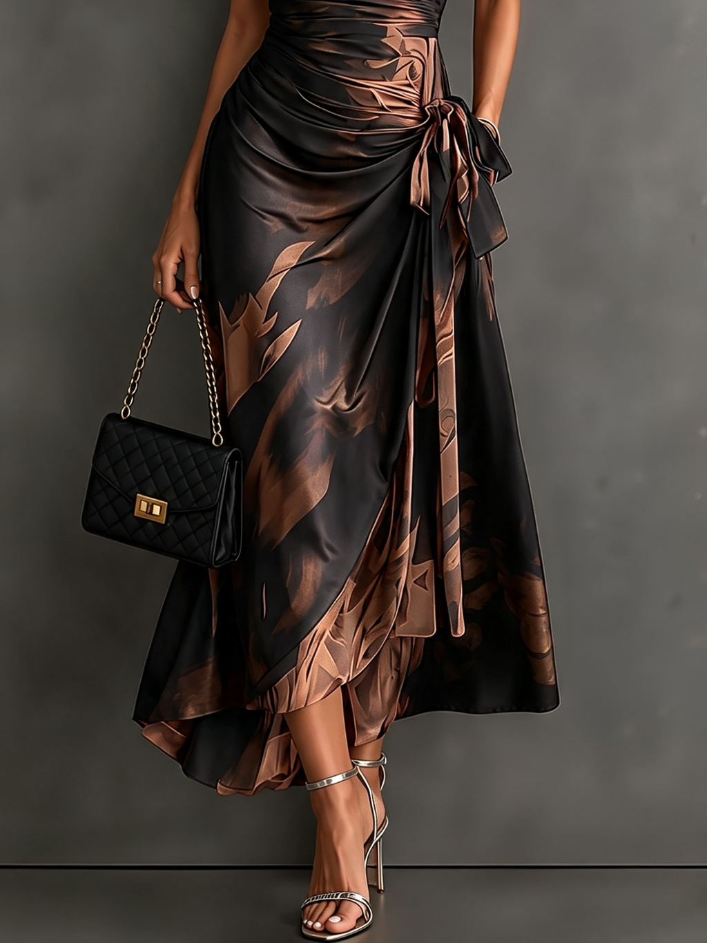 HARPER | Abstract Print Wrap Midi Dress with Tie-Waist Detail