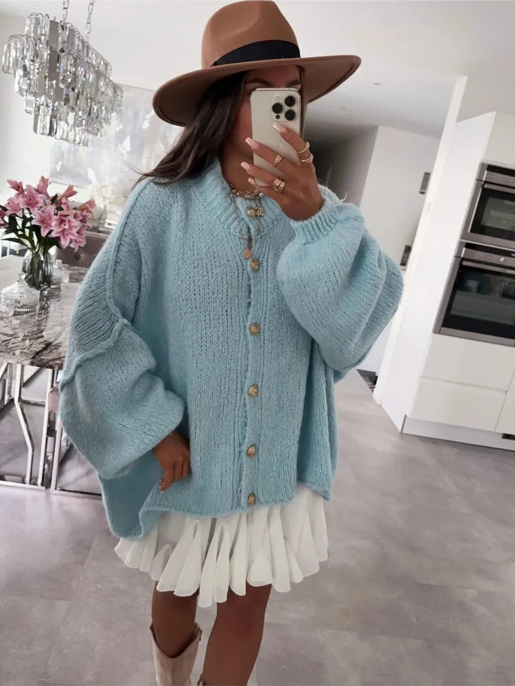 Women's Long-sleeved Round-neck Solid Color Sweater Autumn And Winter Loose British Style Button Knitted Cardigan Sweater Jacket