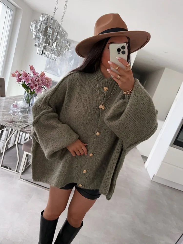 Women's Long-sleeved Round-neck Solid Color Sweater Autumn And Winter Loose British Style Button Knitted Cardigan Sweater Jacket