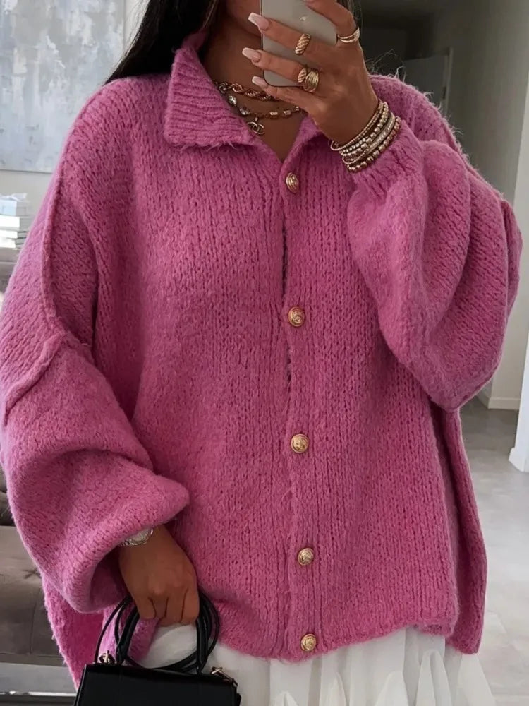 Women's Long-sleeved Round-neck Solid Color Sweater Autumn And Winter Loose British Style Button Knitted Cardigan Sweater Jacket