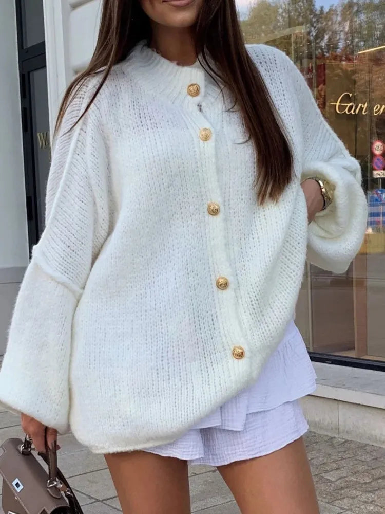 Women's Long-sleeved Round-neck Solid Color Sweater Autumn And Winter Loose British Style Button Knitted Cardigan Sweater Jacket