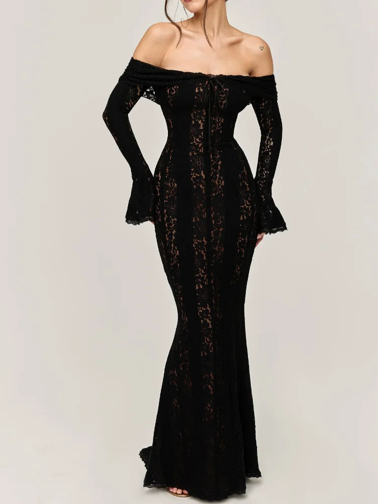 Vintage Hollow Out Floral Lace Off Shoulder Maxi Dress Women Fashion Flare Long Sleeve Slim Dresses 2024 Elegant Lady Party Robe