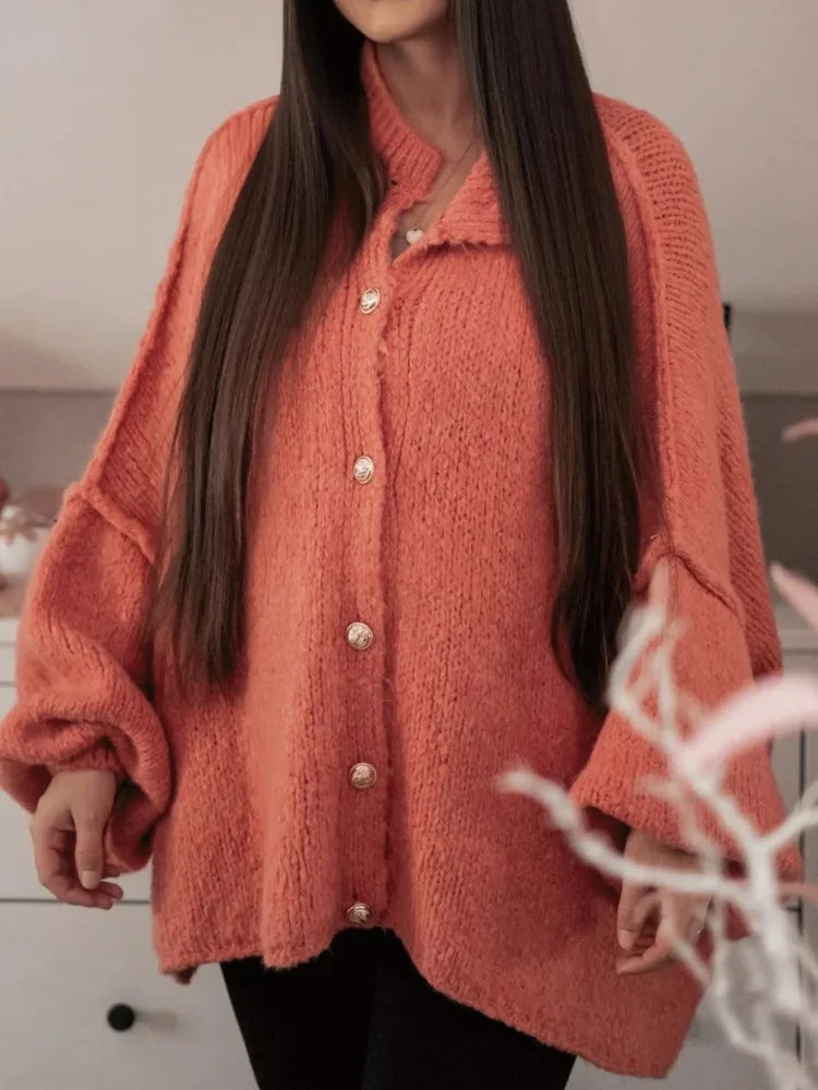 Women's Long-sleeved Round-neck Solid Color Sweater Autumn And Winter Loose British Style Button Knitted Cardigan Sweater Jacket